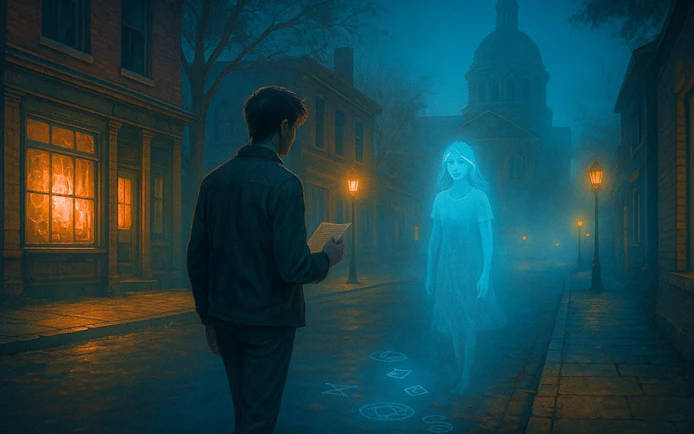 Man holding paper encounters ghostly figure on misty Austin street.
