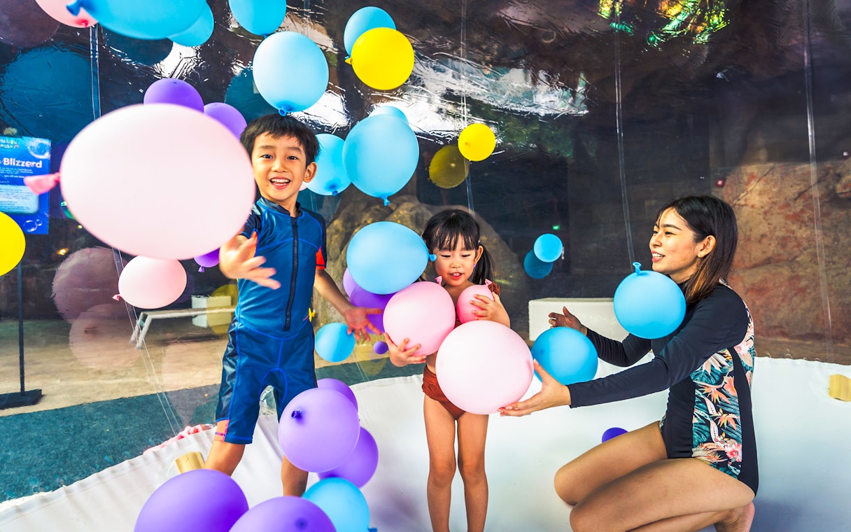 Children playing with colorful balloons at Adventure Cove Waterpark™.