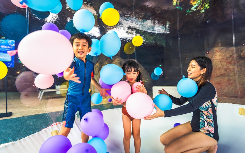 Children playing with colorful balloons at Adventure Cove Waterpark™.