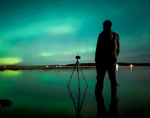 Photographer capturing Northern Lights in Rovaniemi on a guided tour.