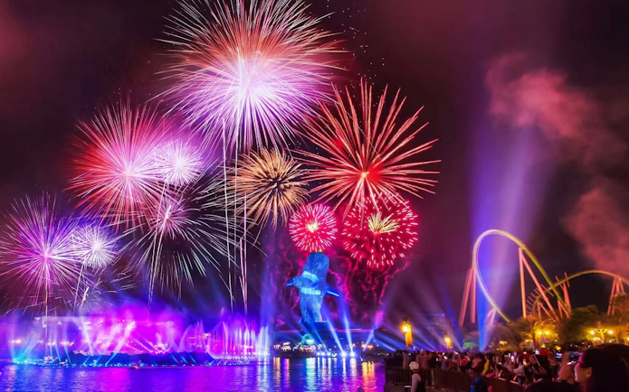 Fireworks and musical fountain show at Zhuhai Chimelong Ocean Kingdom, Zhuhai, China.