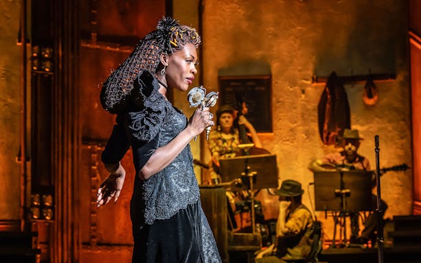 Performer singing on stage during Hadestown musical with band in background.