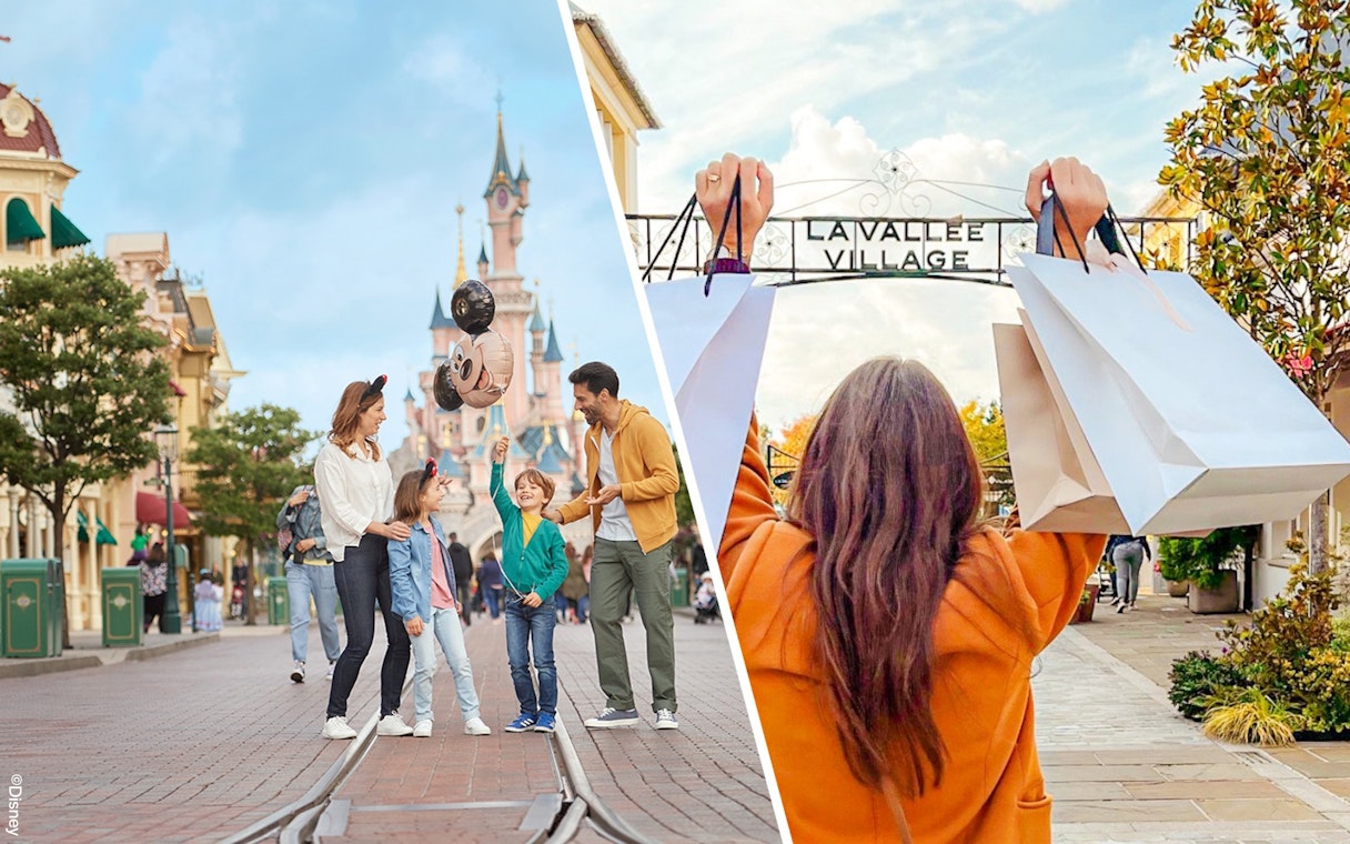 Family enjoying Disneyland Paris with Mickey Mouse balloons and shopping at La Vallée Village.