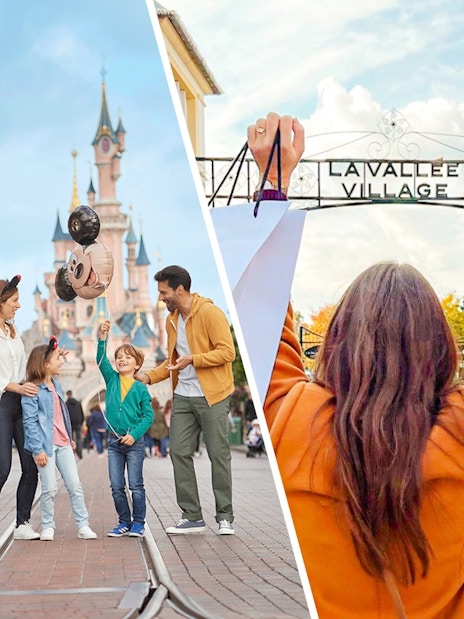 Family enjoying Disneyland Paris with Mickey Mouse balloons and shopping at La Vallée Village.