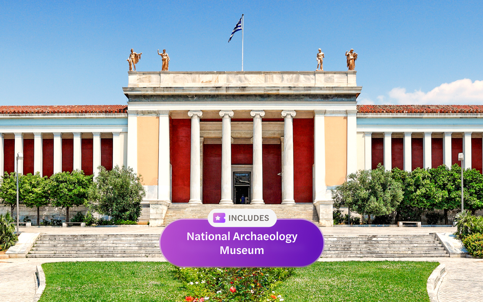 National Archaeological Museum entrance with Greek flag, Athens, Greece.