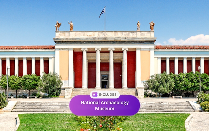 National Archaeological Museum entrance with Greek flag, Athens, Greece.