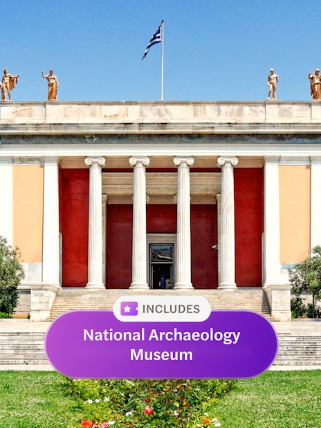 National Archaeological Museum entrance with Greek flag, Athens, Greece.