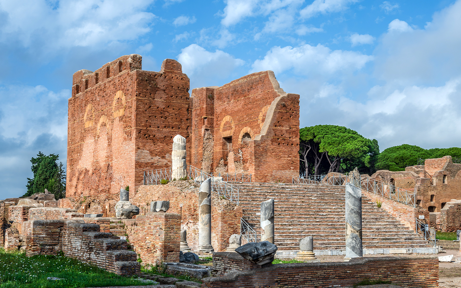 Ancient brick ruins and columns at the Archeological Museum of Ostia, Italy.