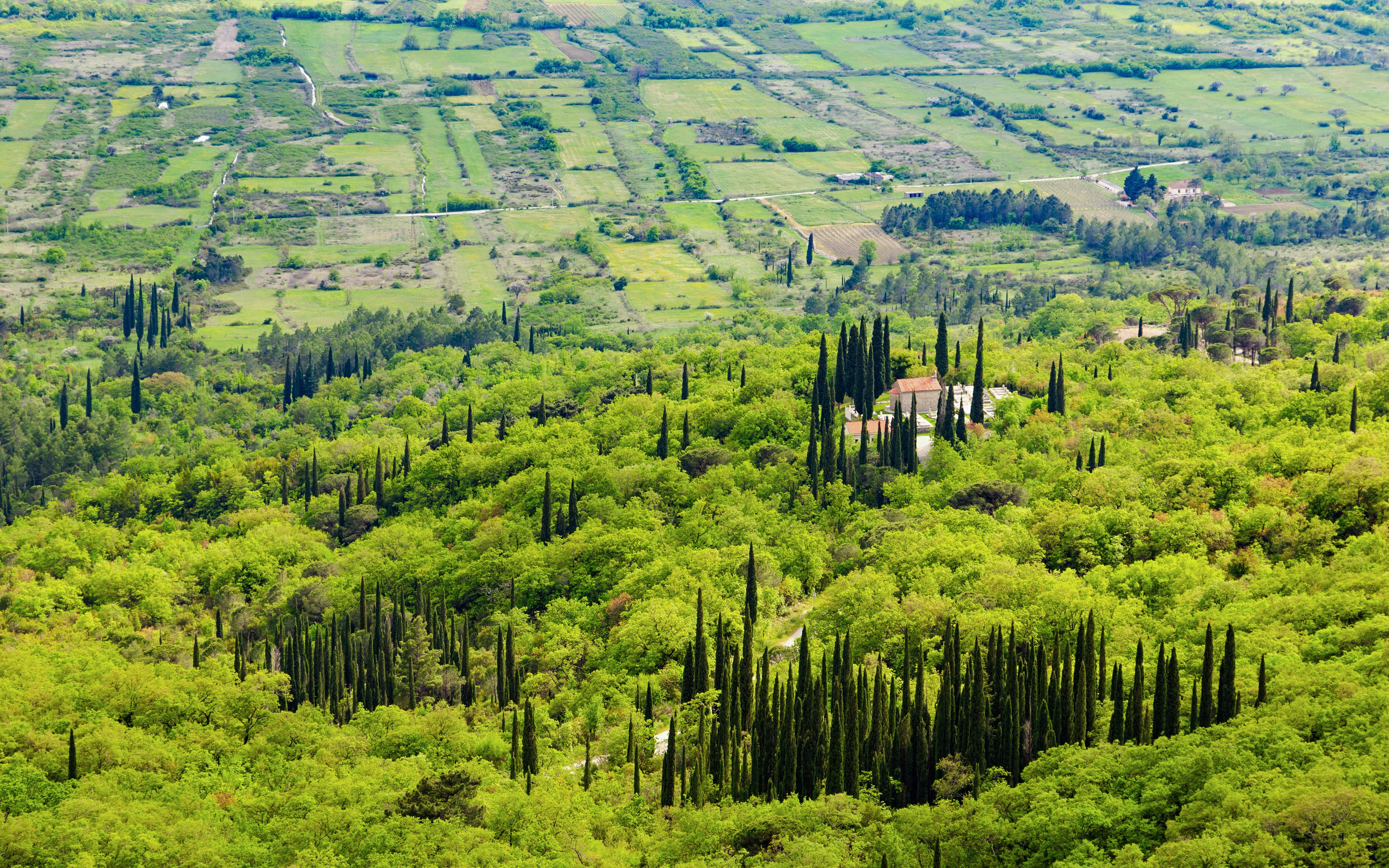 Bird's-eye view of fields and villages in Konavle region near Dubrovnik, surrounded by greenery.
