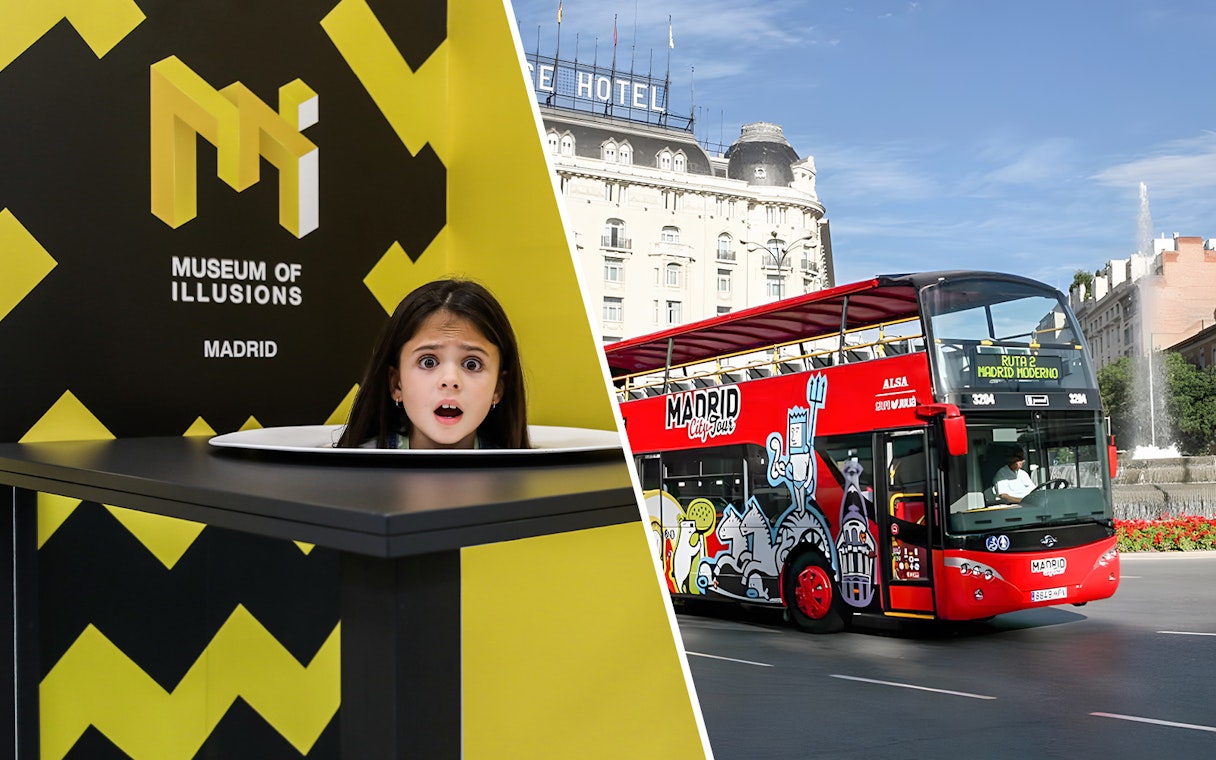 Museum of Illusions Madrid exhibit and Madrid City Tour bus.