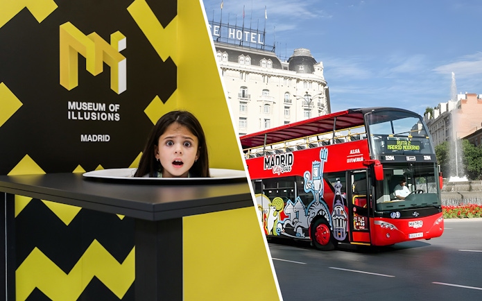 Museum of Illusions Madrid exhibit and Madrid City Tour bus.
