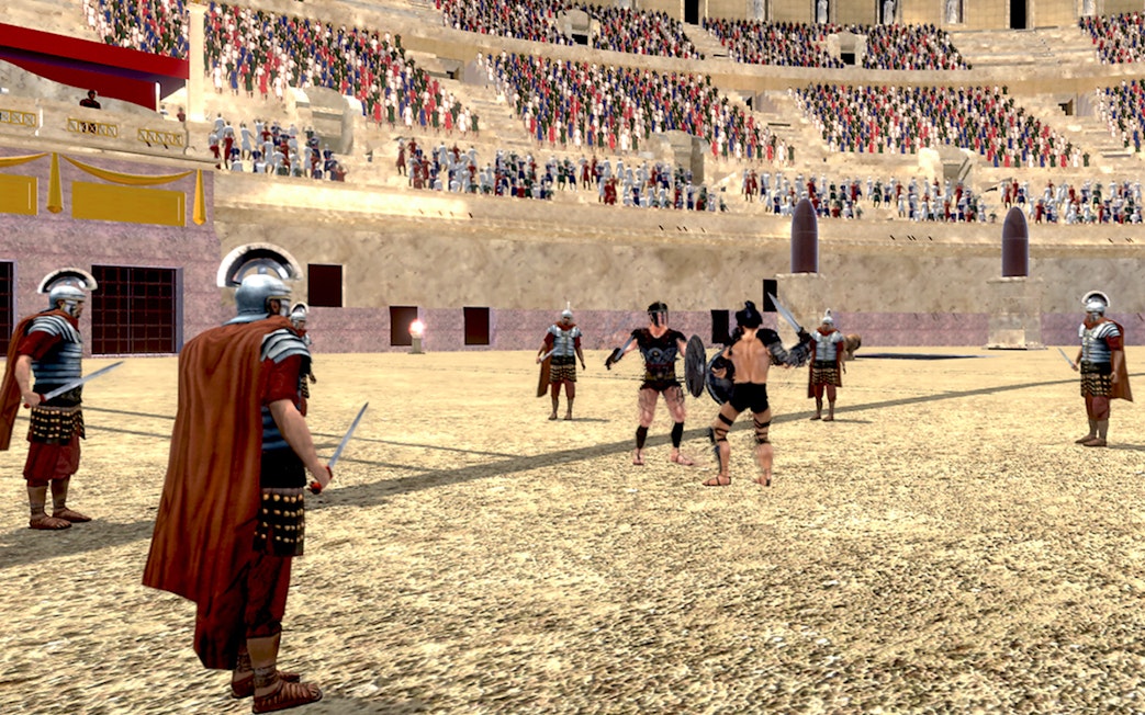 Gladiators in the Colosseum arena during a virtual reality experience in Rome.