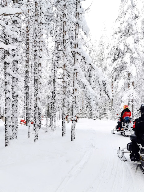 Snowmobile riders in snowy forest, Rovaniemi tour.