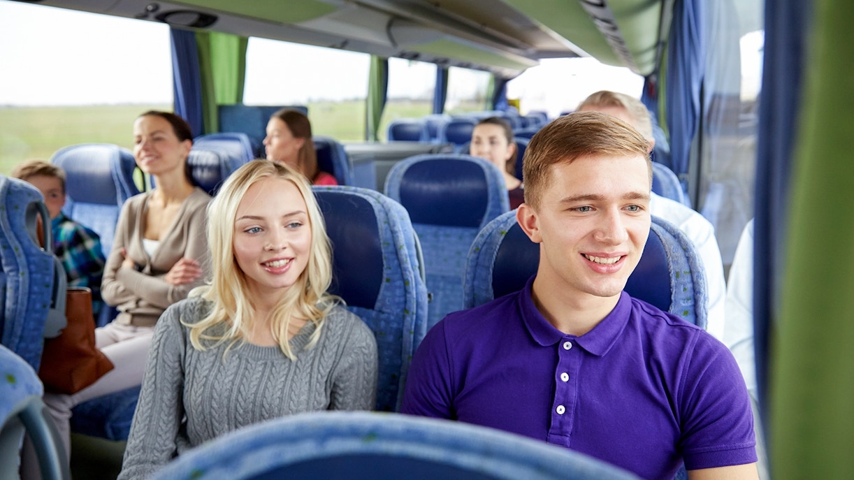 Travelers on a coach to Mount Fuji, enjoying views of cherry blossoms.