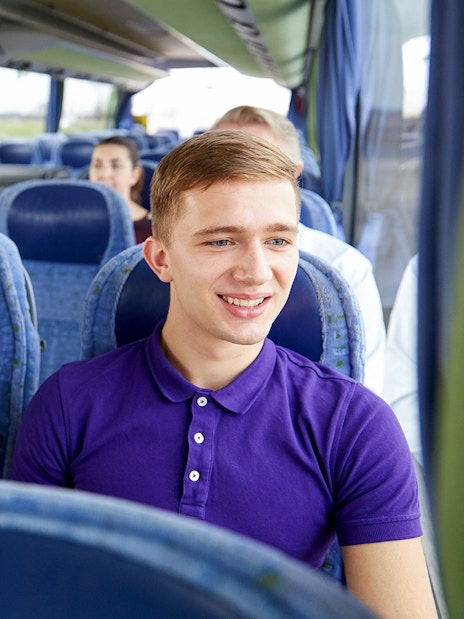 Travelers on a coach to Mount Fuji, enjoying views of cherry blossoms.
