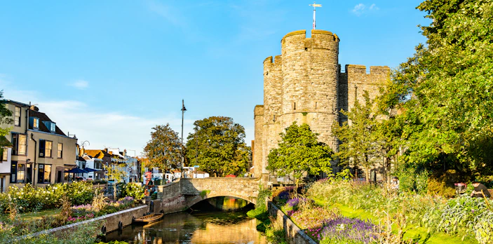 Westgate Towers by the Great Stour River in Canterbury, England.
