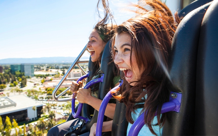 Thrill-seekers on Drop Tower ride at California's Great America, Six Flags.
