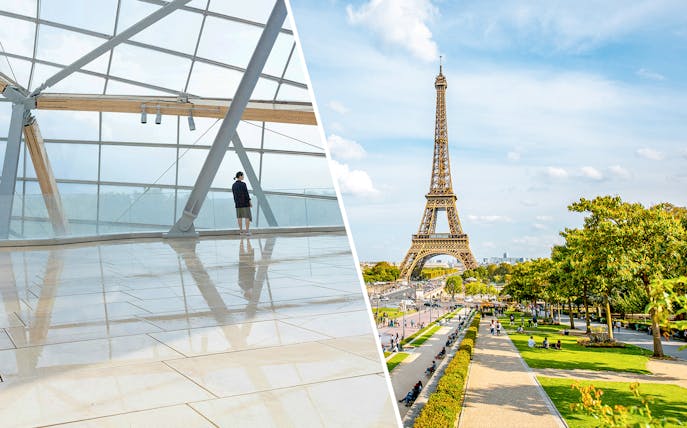 Fondation Louis Vuitton interior and Eiffel Tower view in Paris.