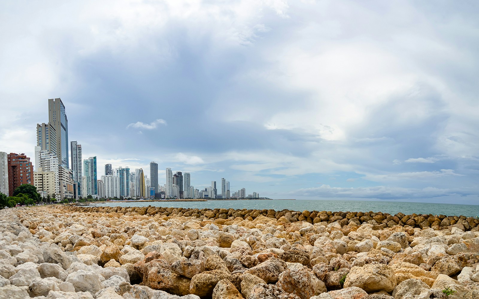 Panoramic view of Cartagena modern skyline and Rocky Coastline in Colombia.