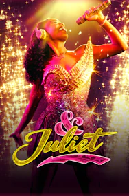 Performer singing on stage with "& Juliet" logo, surrounded by sparkling lights.