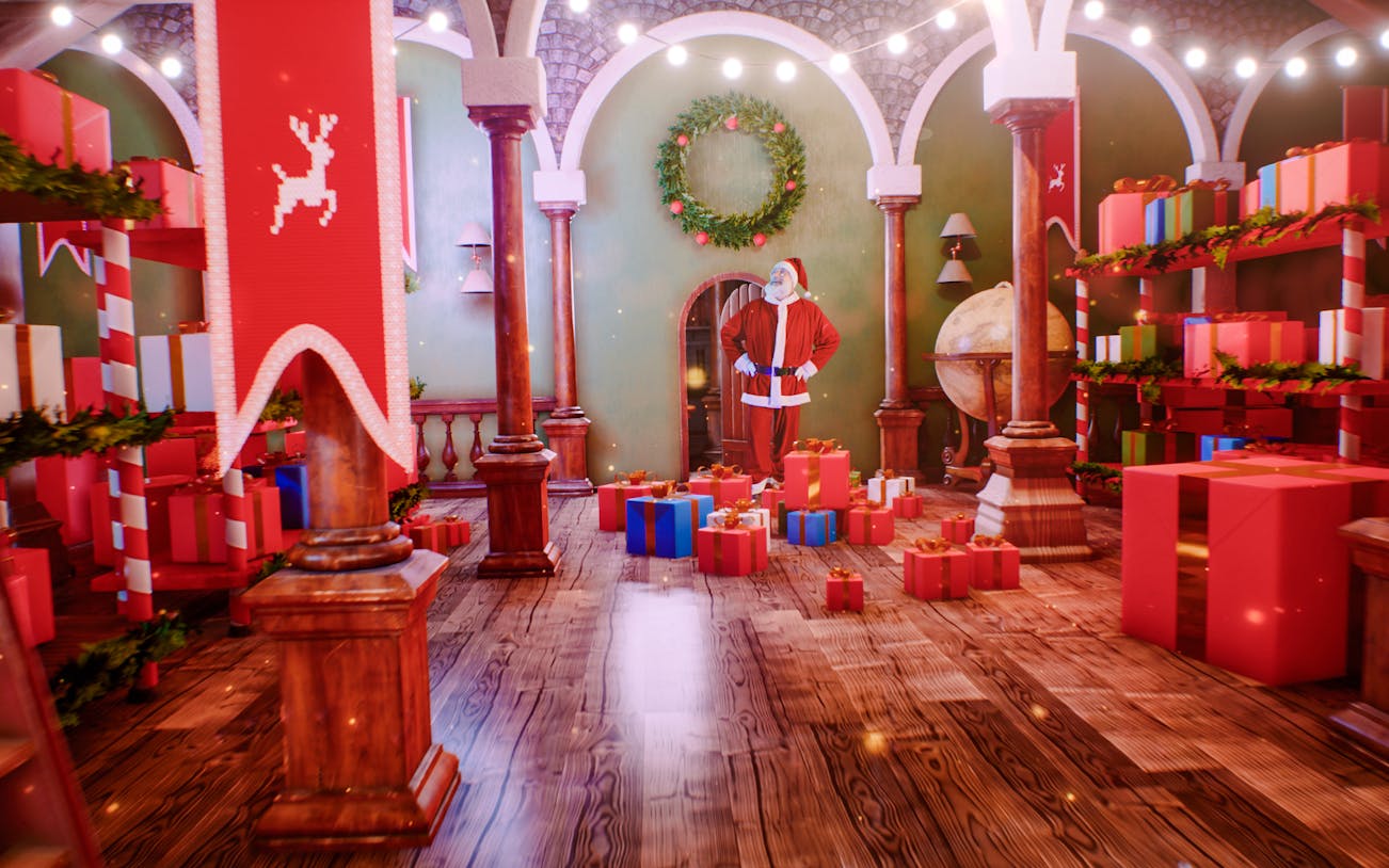 Santa surrounded by gifts in a festive workshop with wreath and globe.