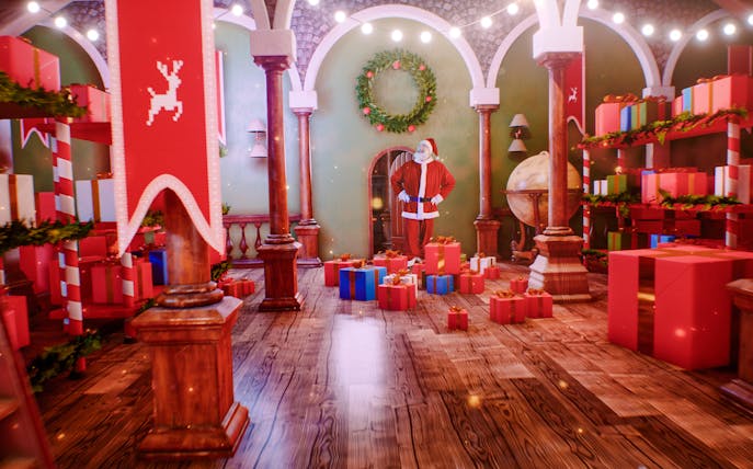 Santa surrounded by gifts in a festive workshop with wreath and globe.