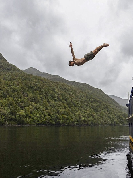 Person diving from a boat into Doubtful Sound, surrounded by lush hills, during an overnight cruise from Te Anau.