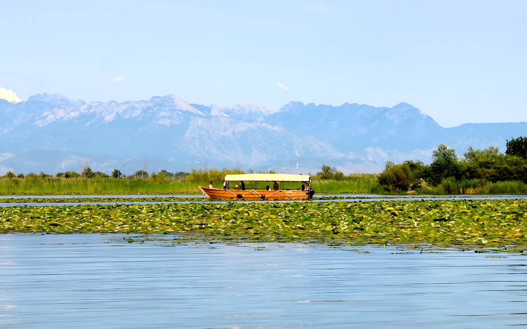 Wooden boat on Lake Skadar during guided sightseeing tour with mountain backdrop.