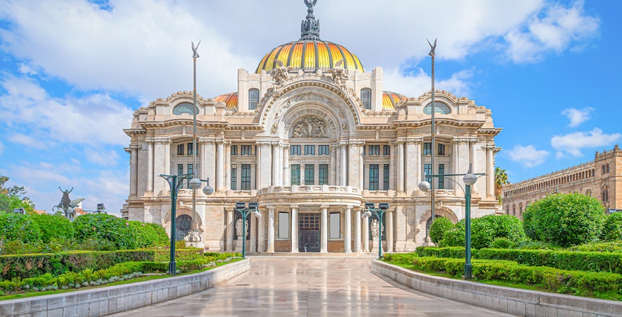 Palace of Fine Arts Mexico City exterior with intricate architectural details