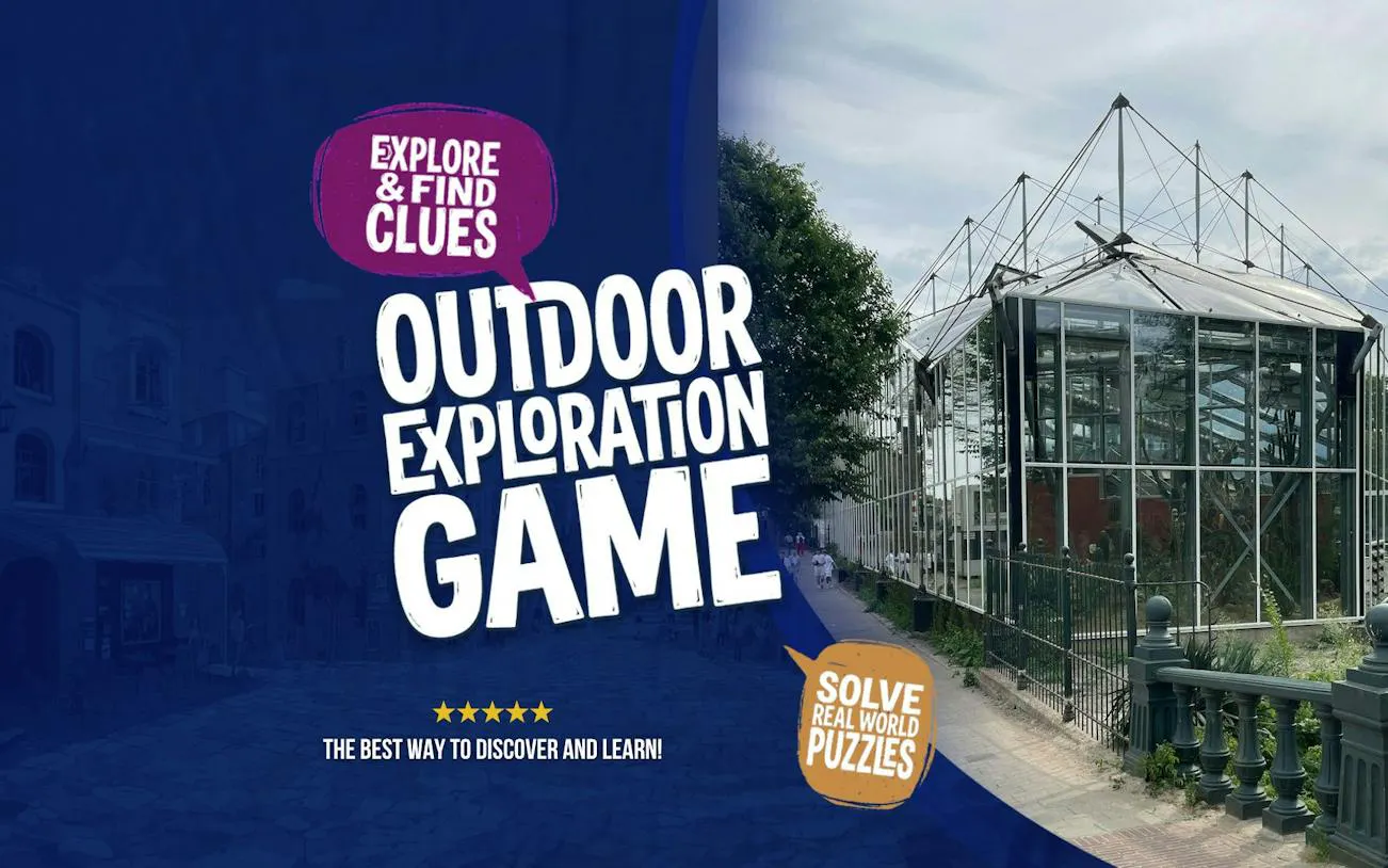 Outdoor exploration game poster with a glass building in Amsterdam, promoting self-guided city exploration.