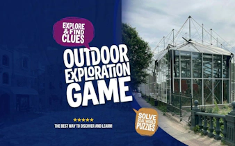 Outdoor exploration game poster with a glass building in Amsterdam, promoting self-guided city exploration.