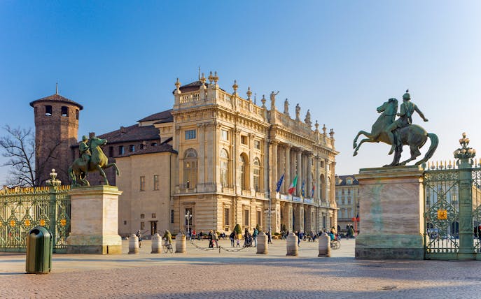 Piazza Castello with Palazzo Madama and Palazzo Reale in Turin, Italy.