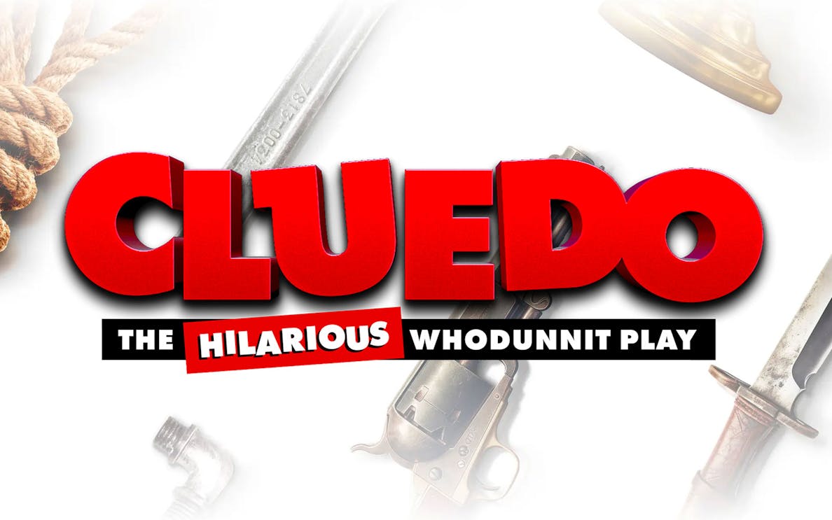 Cluedo Brisbane play poster with rope, wrench, revolver, and dagger.