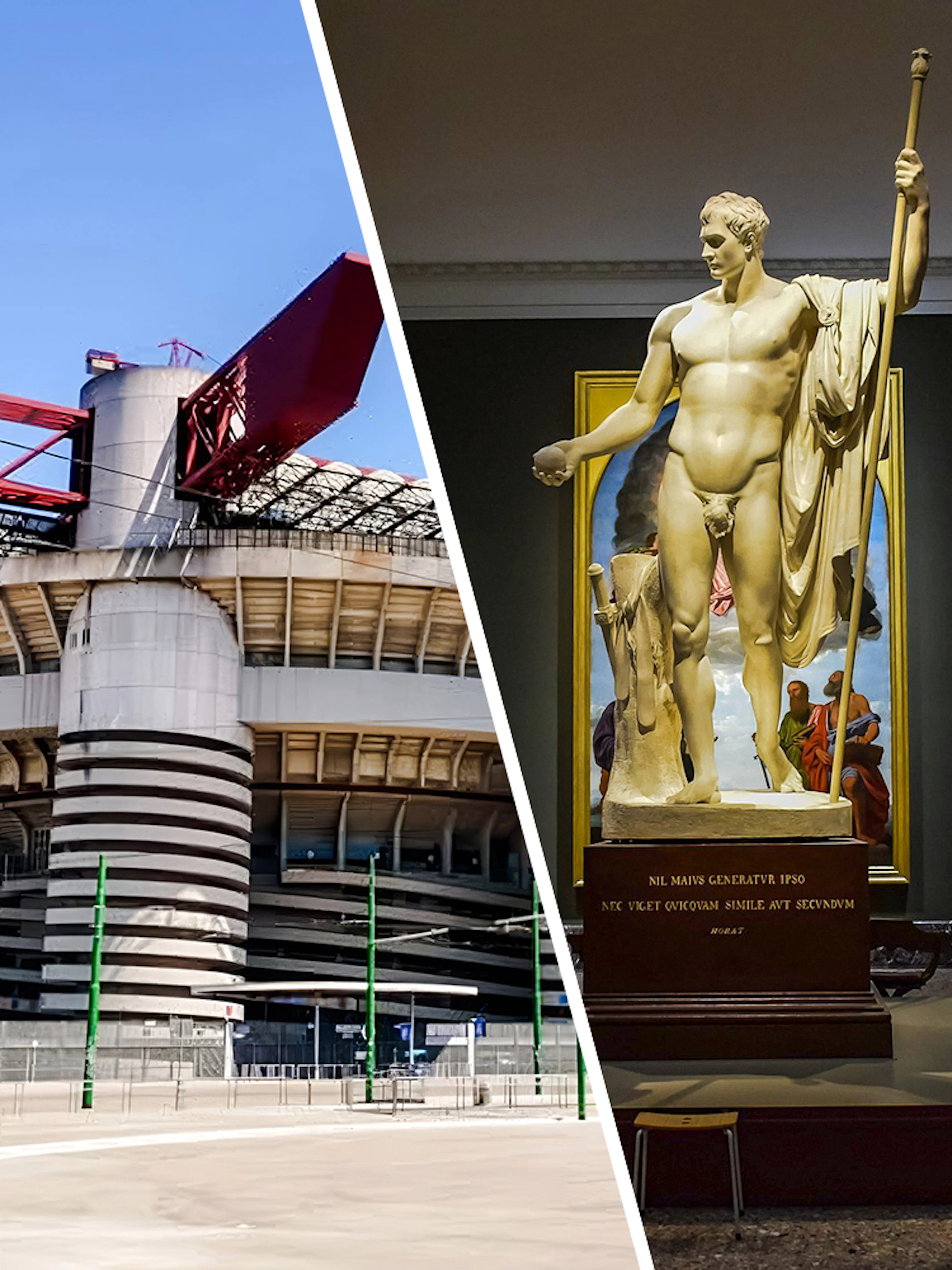 San Siro Stadium exterior with red roof structure in Milan, Italy.