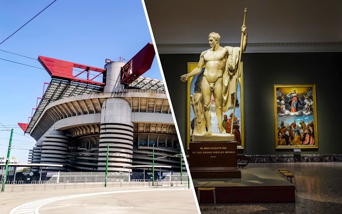 San Siro Stadium exterior with red roof structure in Milan, Italy.