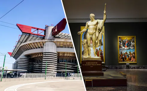 San Siro Stadium exterior with red roof structure in Milan, Italy.