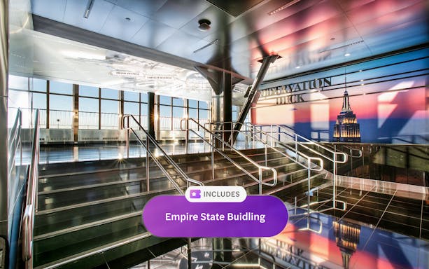 Observation deck entrance with Empire State Building mural, New York City.
