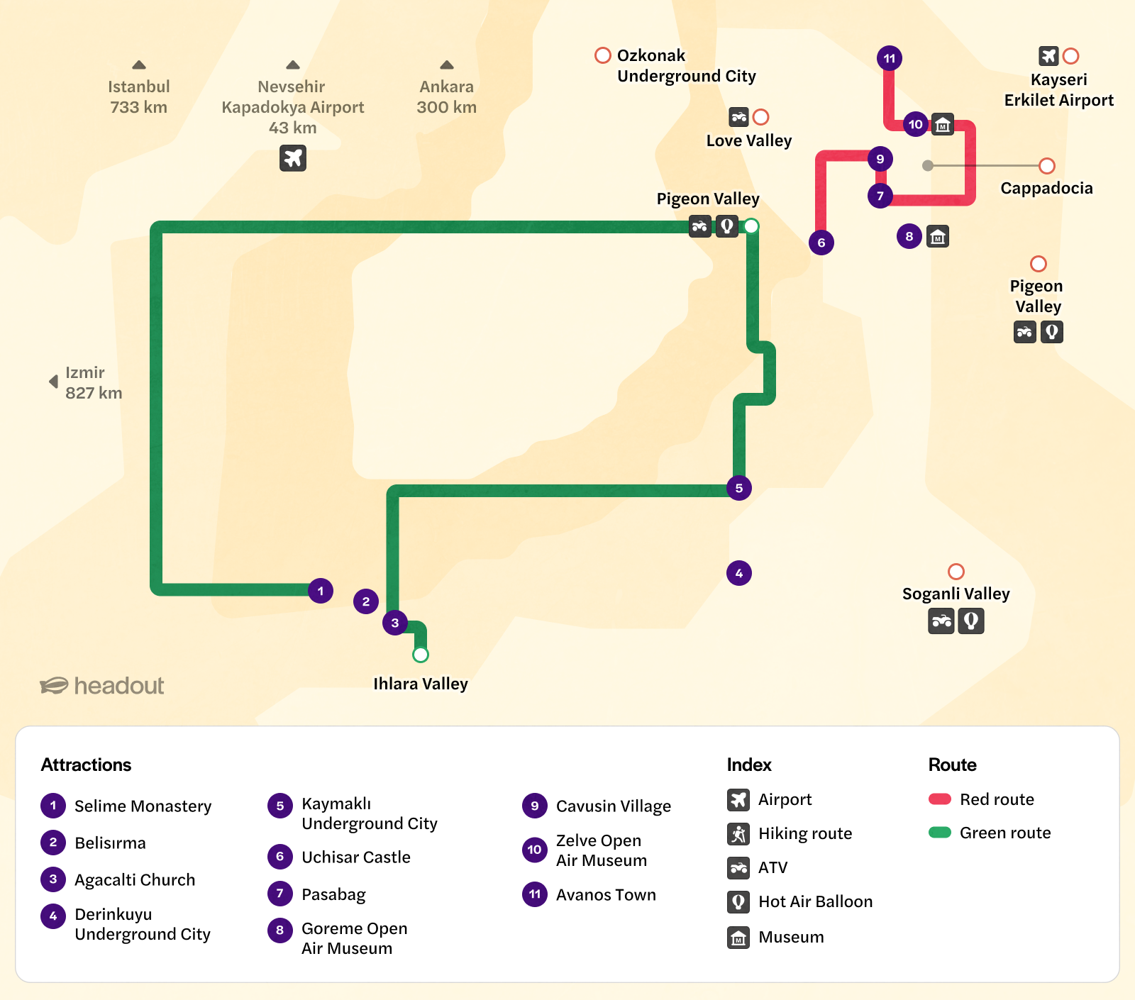 Map of Gerome Valley showing hiking routes and attractions like Ihlara Valley and Pigeon Valley.