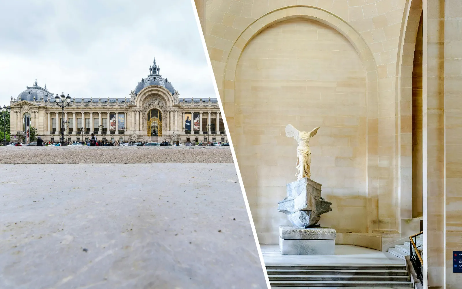 Petit Palace exterior and Winged Victory of Samothrace statue inside.