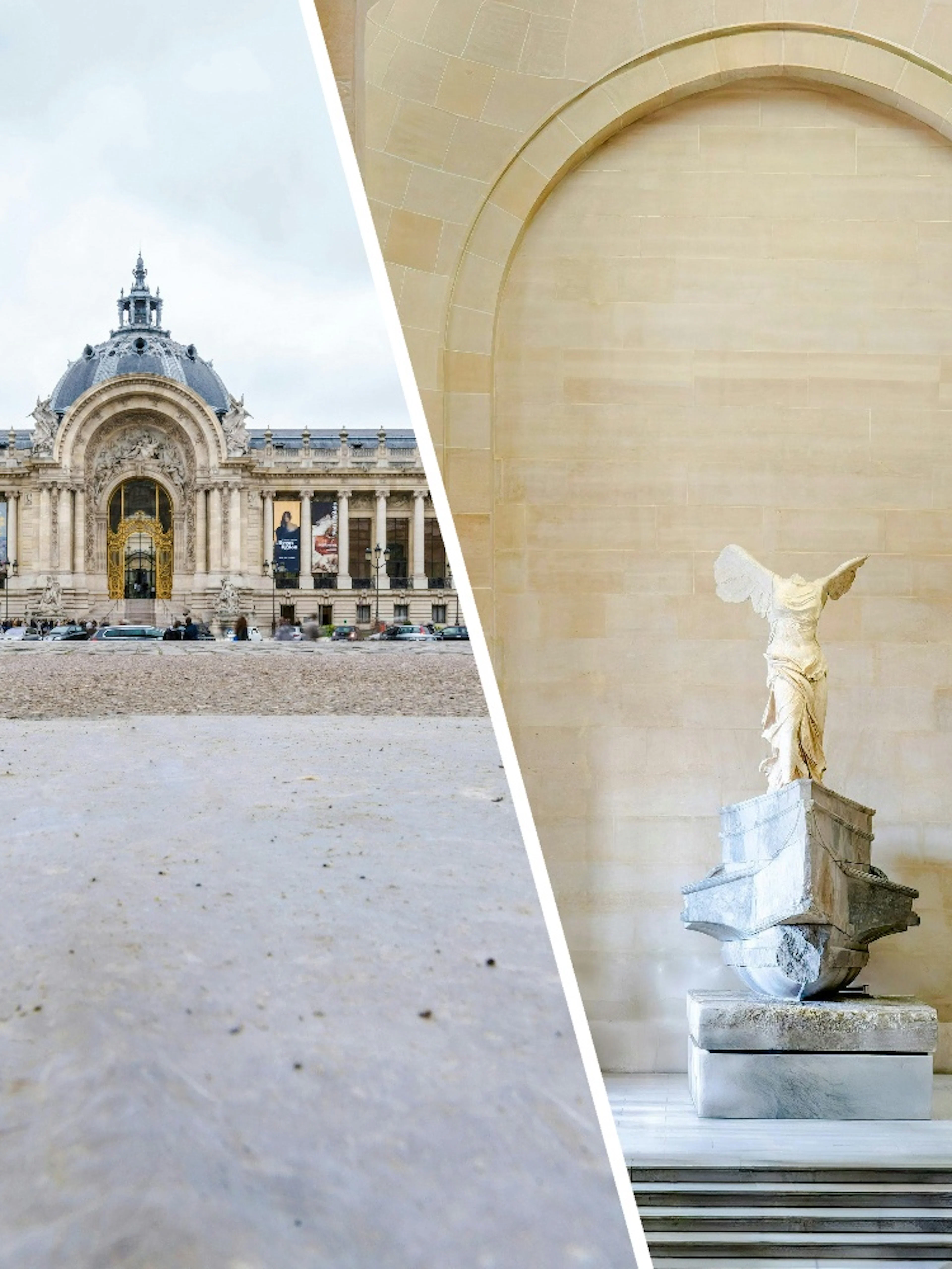 Petit Palace exterior and Winged Victory of Samothrace statue inside.