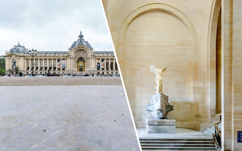 Petit Palace exterior and Winged Victory of Samothrace statue inside.