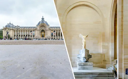 Petit Palace exterior and Winged Victory of Samothrace statue inside.