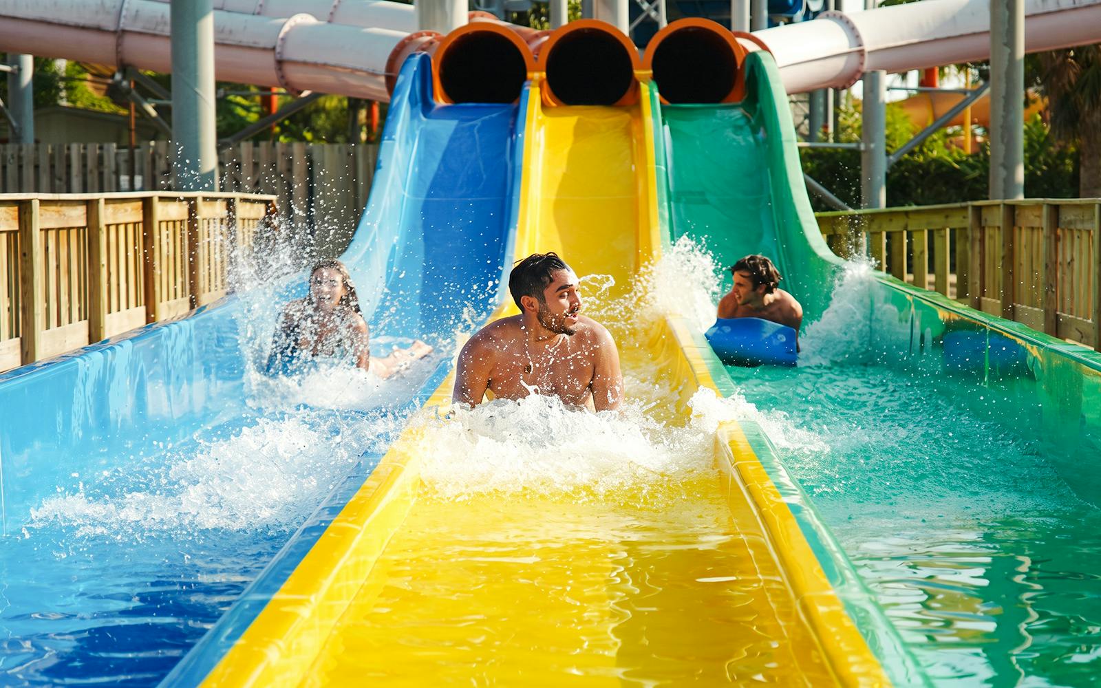 Visitors enjoying water slides at Aquasplash Antibes.