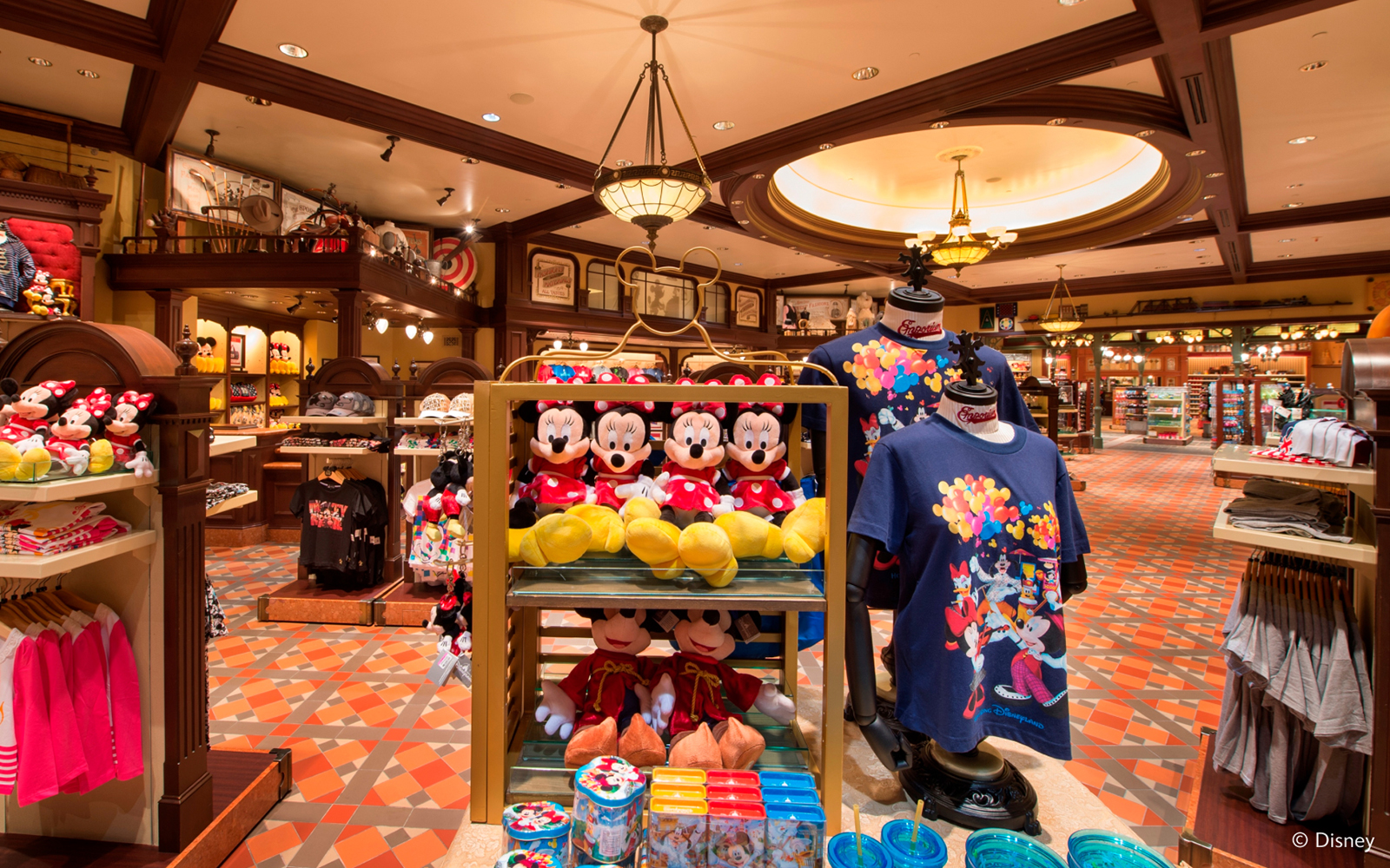 Disneyland Hong Kong shop with Mickey and Minnie merchandise displays.