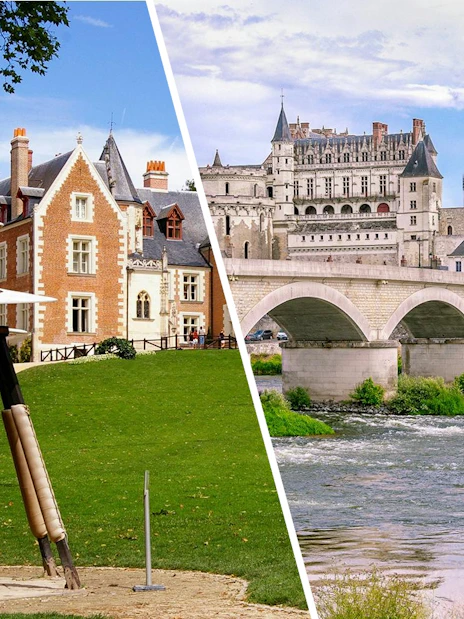 Clos Lucé Castle with spiral sculpture and Amboise Castle over the Loire River.
