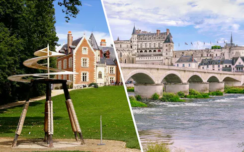 Clos Lucé Castle with spiral sculpture and Amboise Castle over the Loire River.