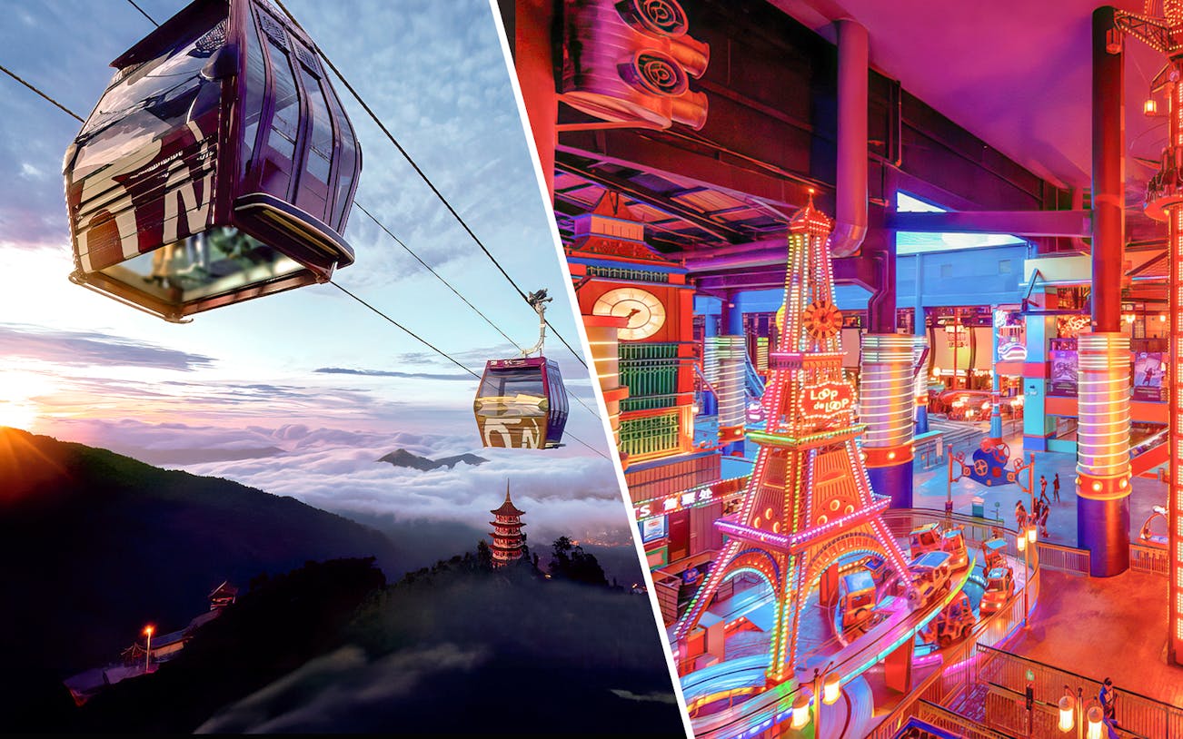 Genting Awana SkyWay cable cars over misty mountains and vibrant Skytropolis Indoor Theme Park.