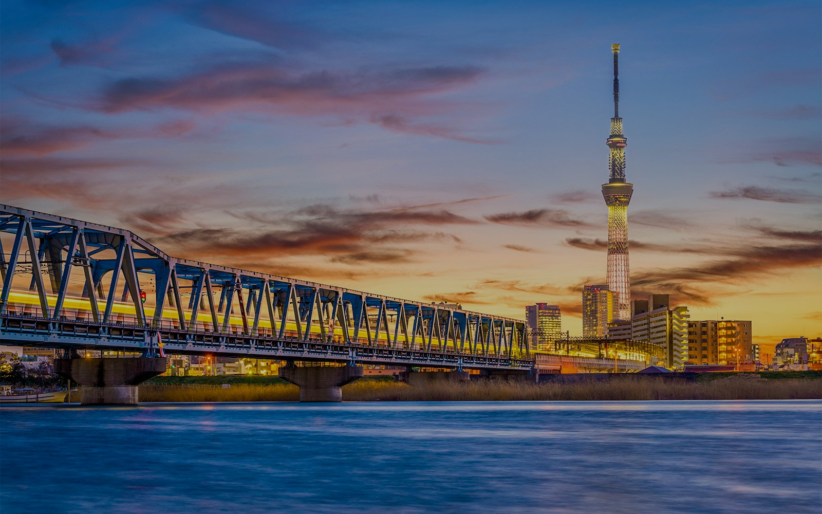 Tokyo SkyTree and Sumida River at sunset with a train crossing a bridge.