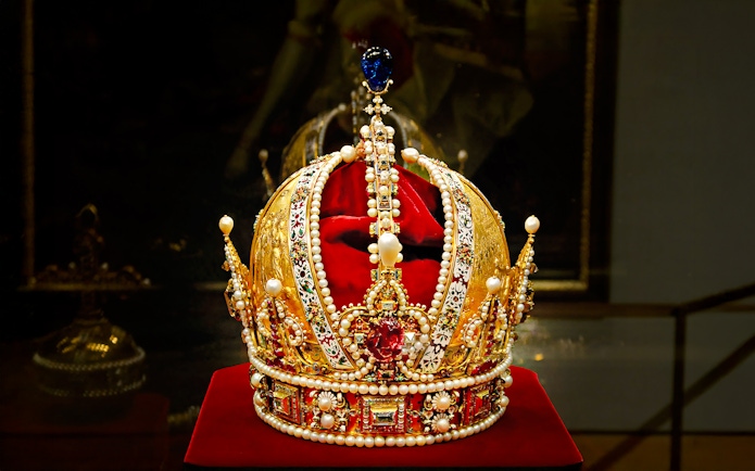 Imperial crown adorned with pearls and jewels at the Imperial Treasury, Vienna.