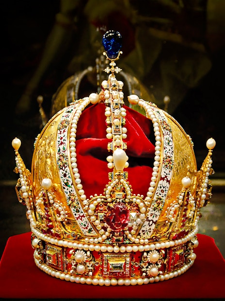 Imperial crown adorned with pearls and jewels at the Imperial Treasury, Vienna.